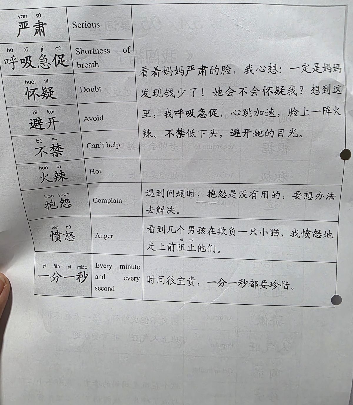 Second P5 Chinese vocabulary worksheet with example sentences
